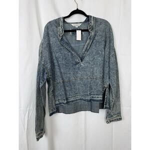 Davi & Dani Denim Pullover Top Size S Distressed Oversized Blue Boho Western